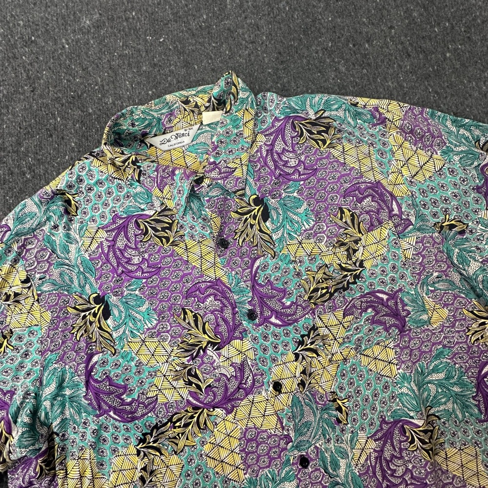 Vtg 90s Da Vinci California Shirt Men 3XL Prpl Teal Abstract Tiki Camp Button Up